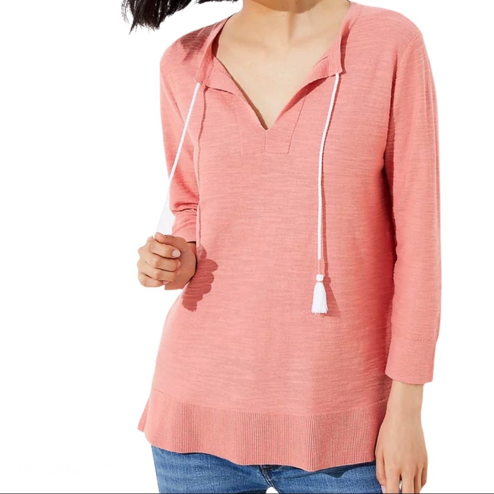 LOFT Split Neck Fringe Tassel Lightweight Tunic Top Coral Pink Casual Cozy Chic - Picture 5 of 9